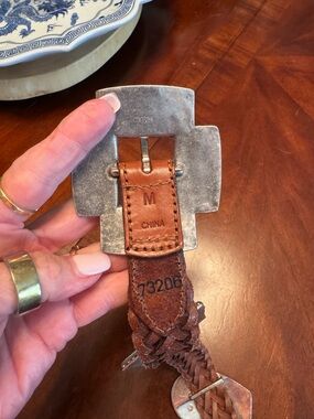 Braided Leather Belt with Distressed Silver Buckle - Brown